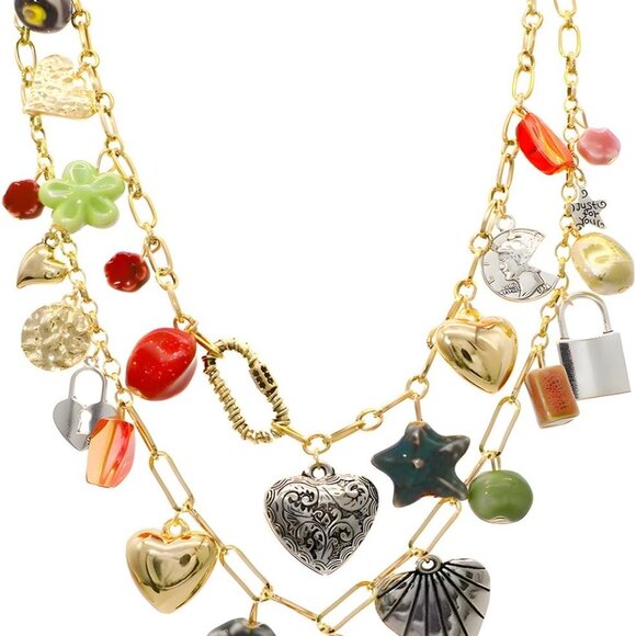 Jewelry - Chunky Gold Plated Heart Sun Flower Coin Necklace Women Boho Y2K Jewelry